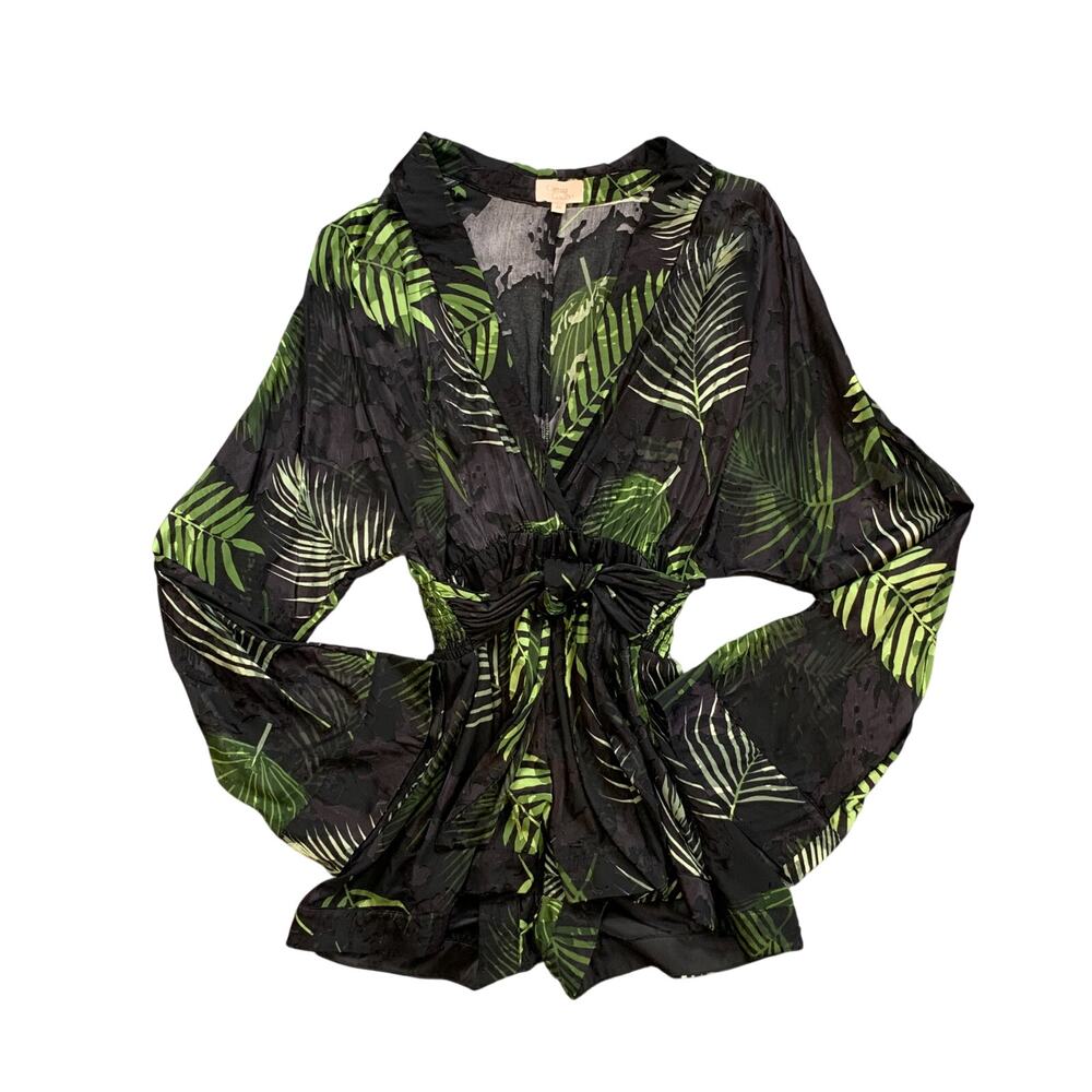 Camila Coelho Romper Womens XS Extra Small Black Palm Amelia Sheer V Neck Kimono